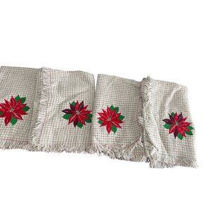Woven Cloth Napkins Embroidered Poinsettia Design Fringe Edges 17" x17"